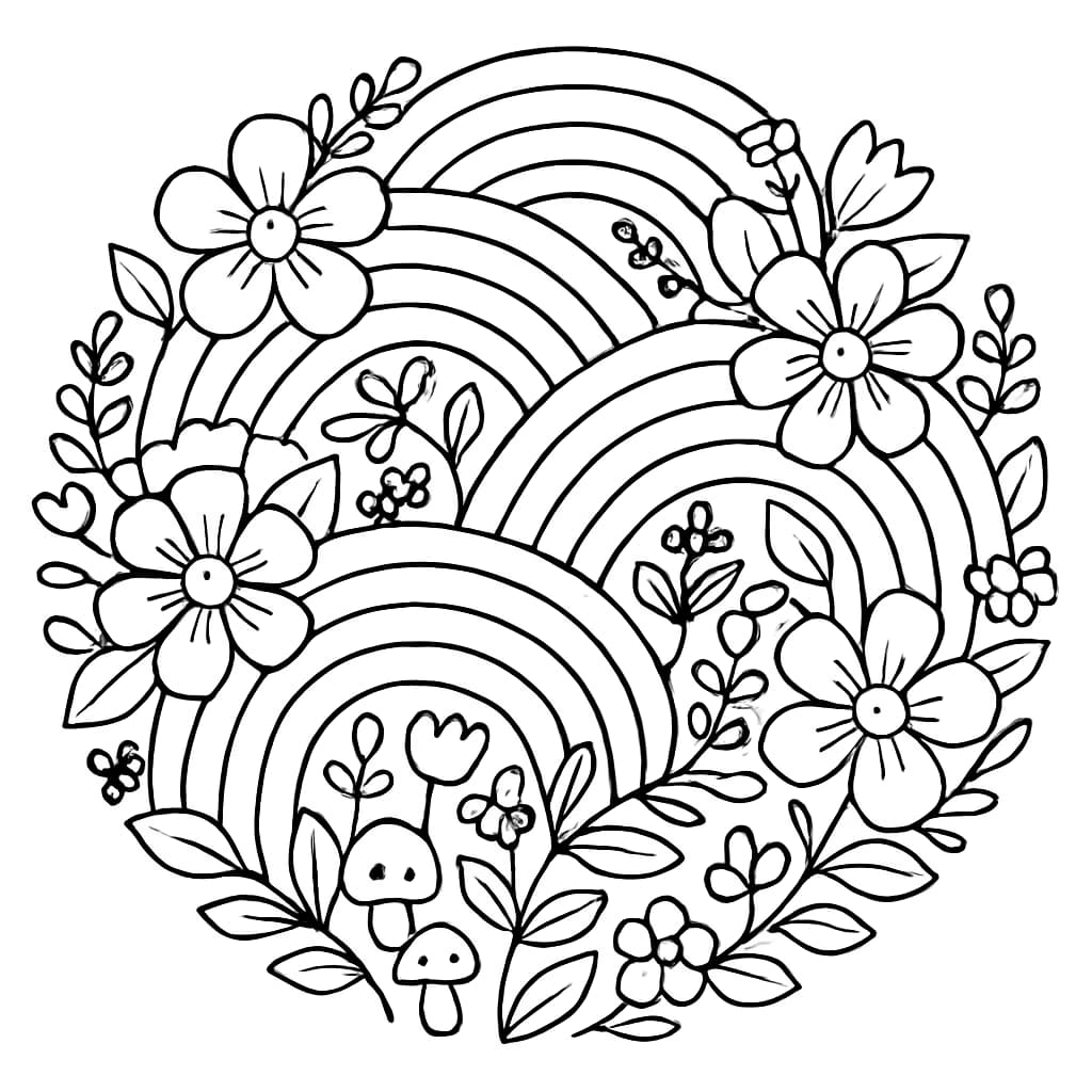 Página para colorir Mandala Jardim de Flores Arco-íris
