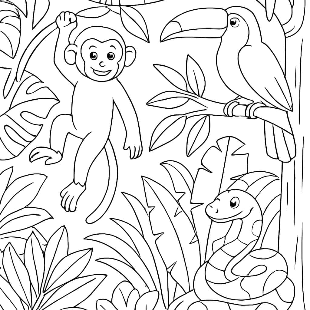 自然主題涂色頁:熱帶雨林動物群組