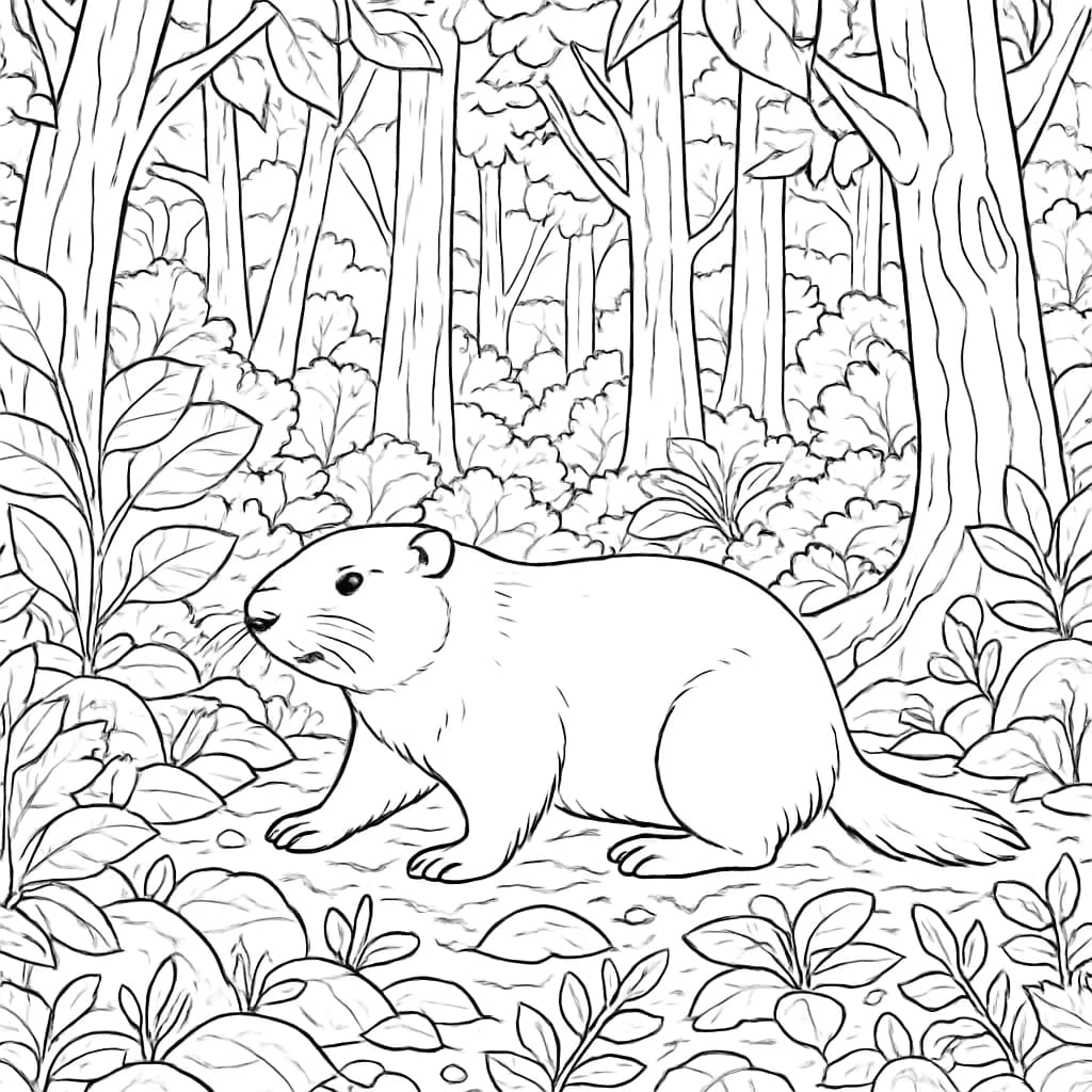 Groundhog Coloring Pages: Página para colorir de Groundhog na floresta