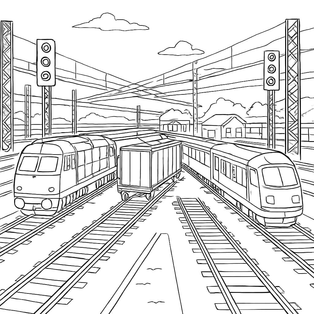 Train Coloring Pages – Train Yard with Many Cars