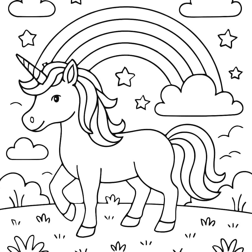 Página de Colorir Arco-Íris: Unicórnio e Arco-Íris