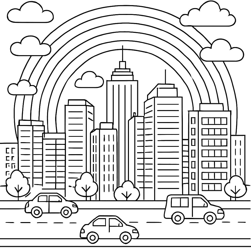 Página de Colorir Arco-Íris na Cidade