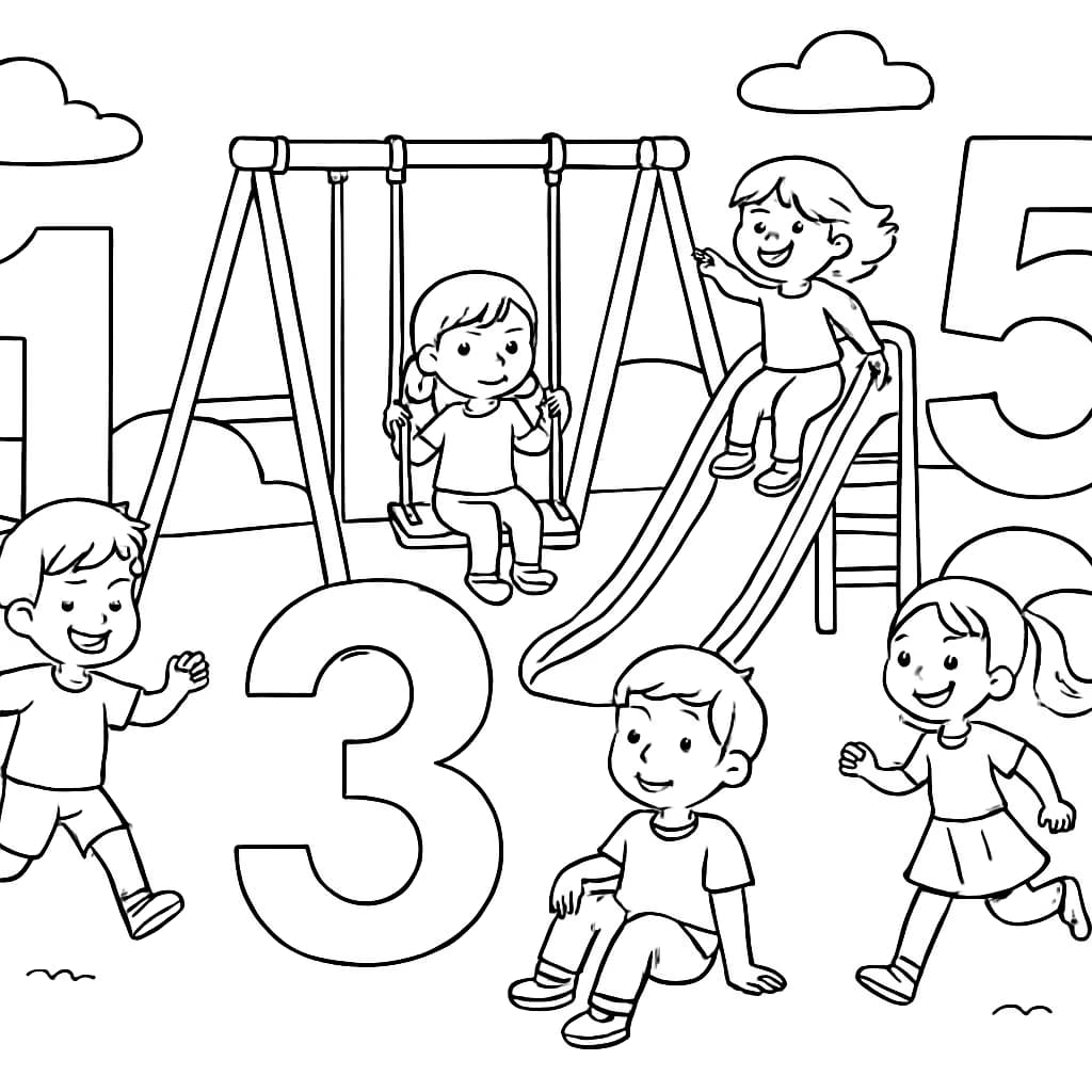 Páginas de Colorir de Números: Um a Cinco no Playground