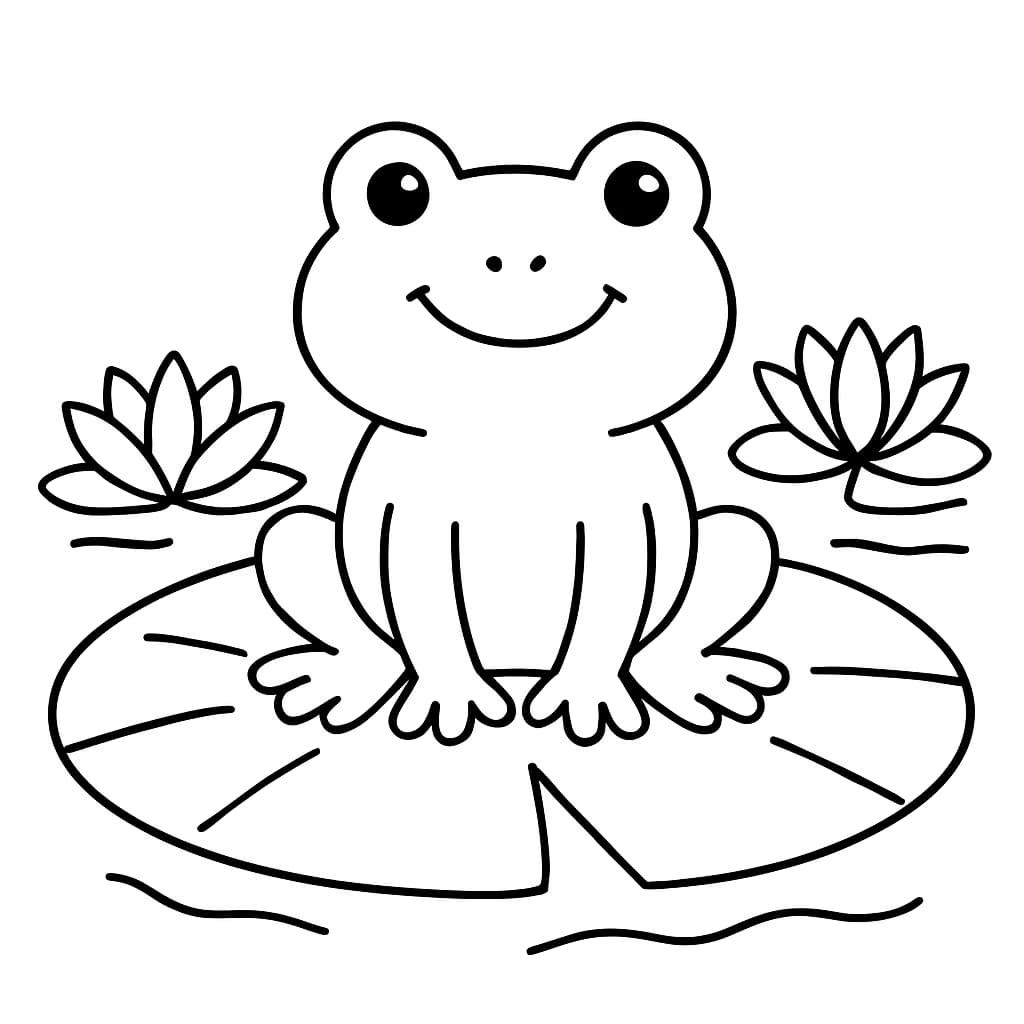 Páginas para colorear de animales - Rana feliz en nenúfar