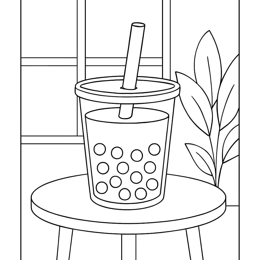 Boba Coloring Pages - Boba Drink on Table Coloring Page for Kids