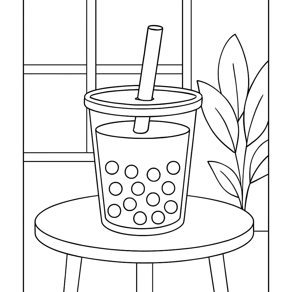 Boba Coloring Pages – Boba Drink on Table Coloring Page for Kids