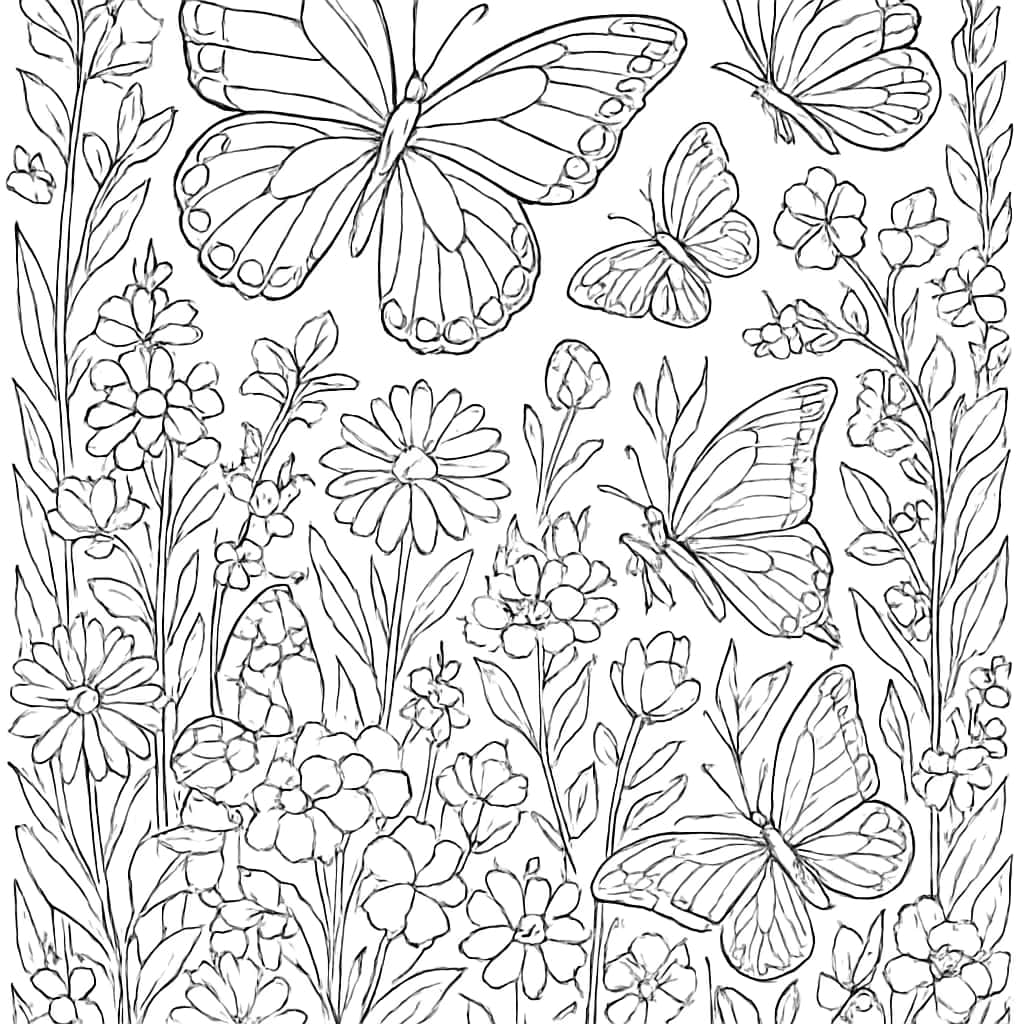 蝴蝶涂色頁|蝴蝶草地風景複雜線稿