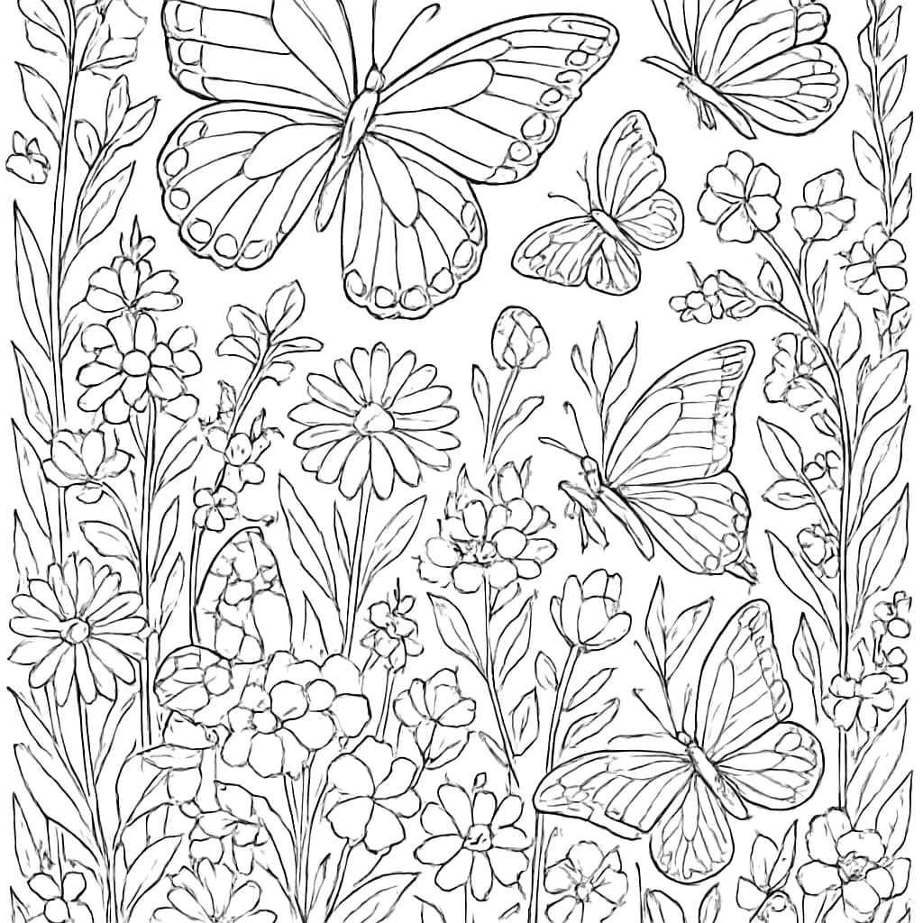 蝴蝶涂色頁|蝴蝶草地風景複雜線稿