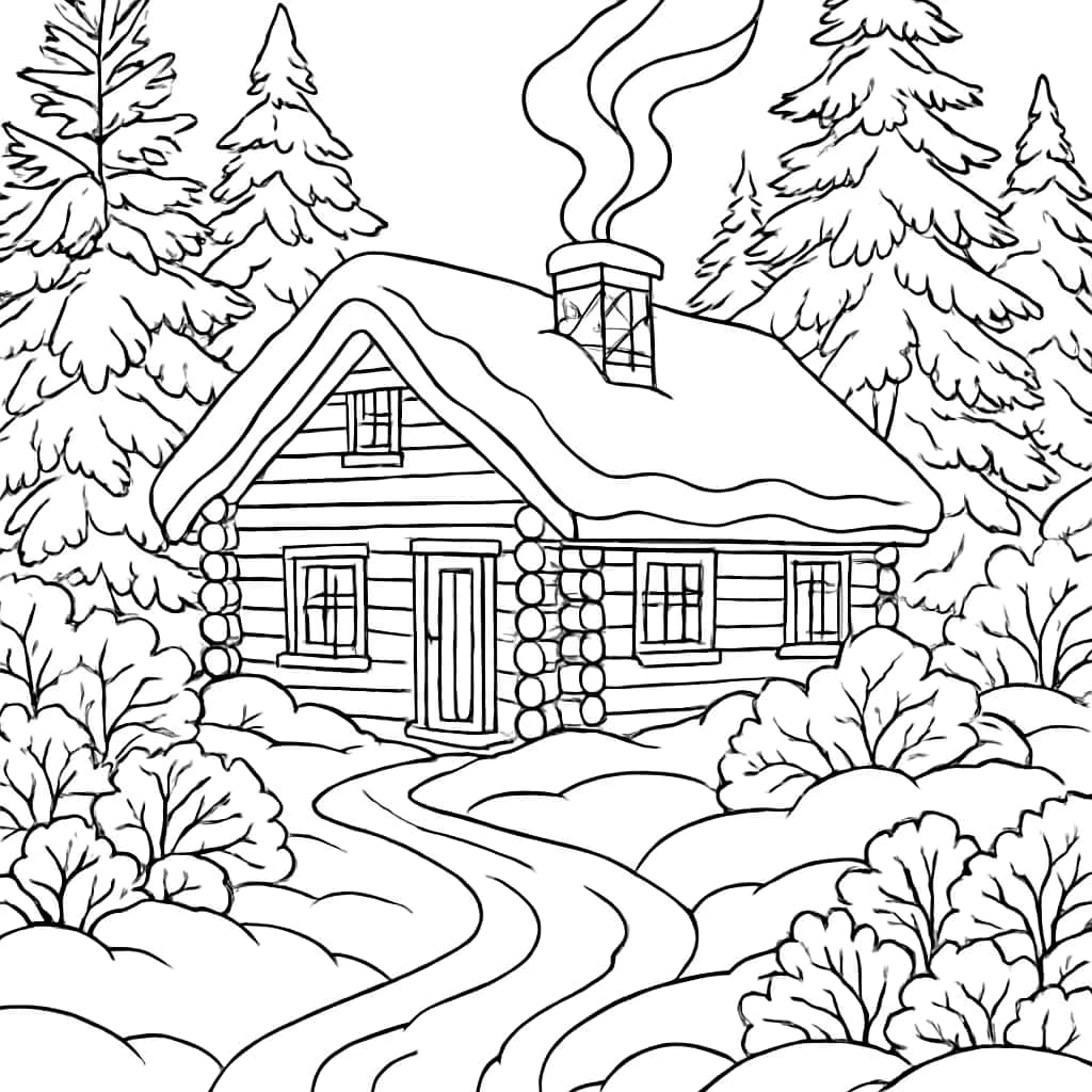 Pages de coloriage d'hiver - Chalet douillet en hiver