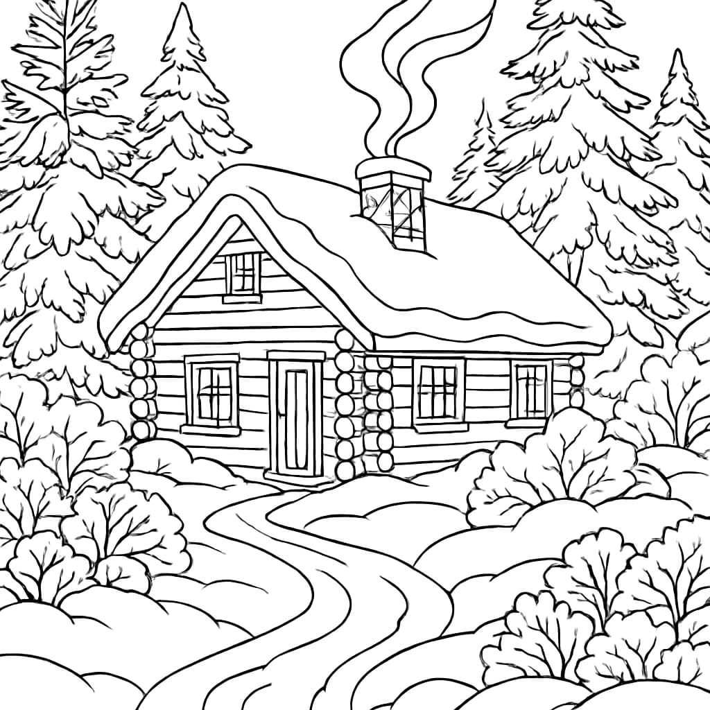 Pages de coloriage d'hiver – Chalet douillet en hiver