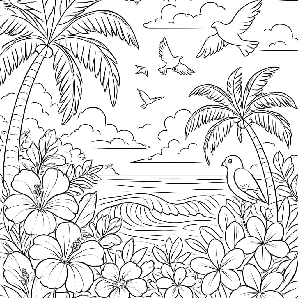 夏日涂色页:热带天堂风景