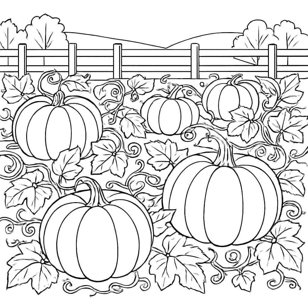 채소 색칠하기 페이지 - 호박밭 장면