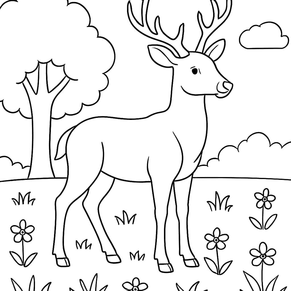 Deer Coloring Pages - Deer in Meadow Printable for Kids