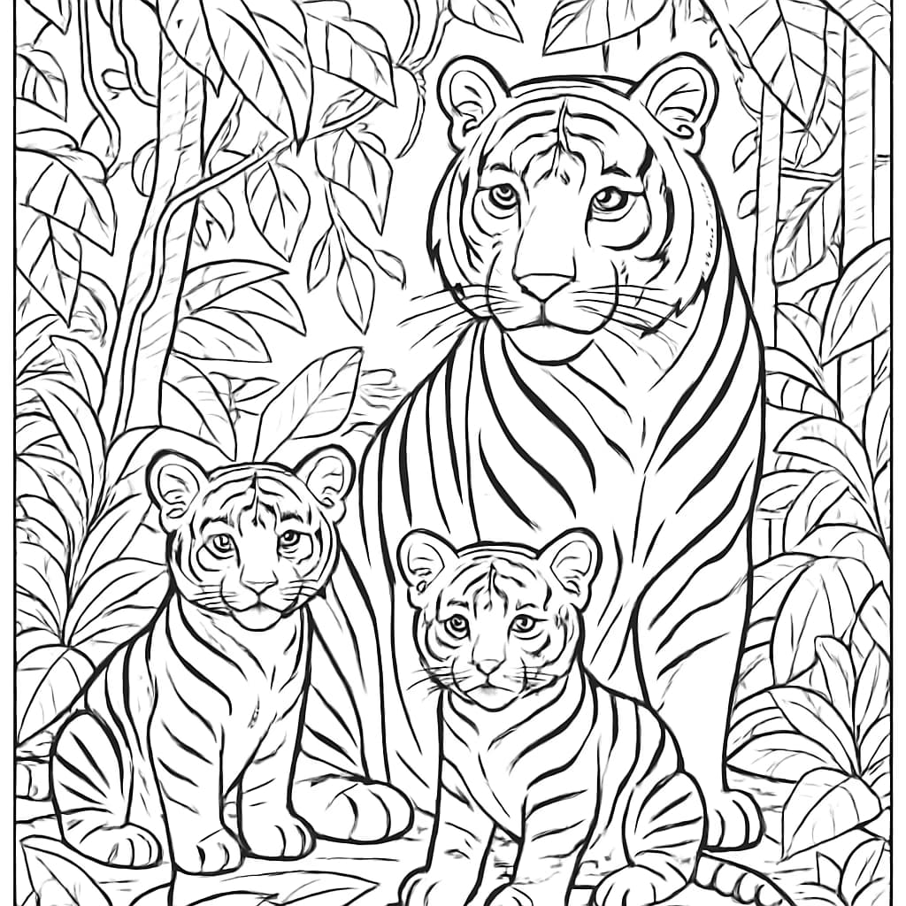 Páginas de Colorir de Tigres — Família de Tigres na Selva
