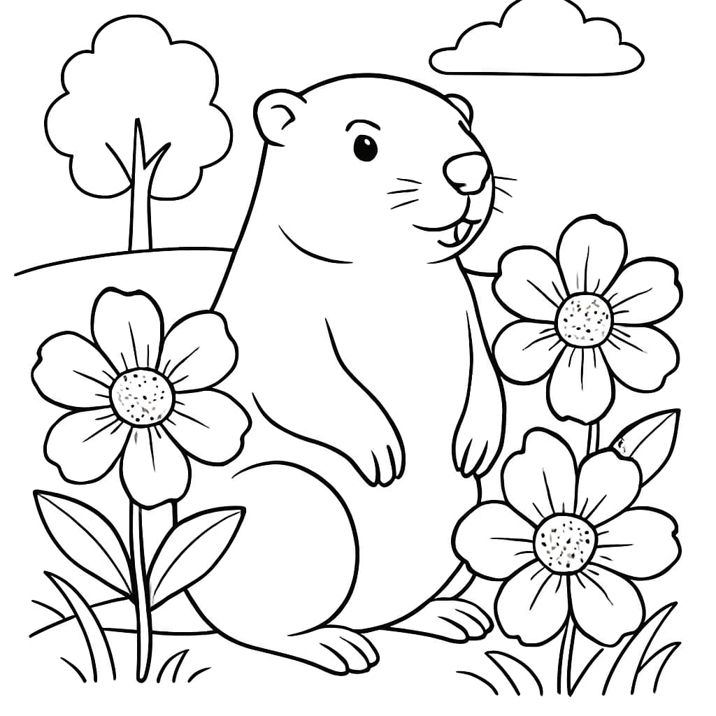 Groundhog Coloring Pages – Marmotte avec des Fleurs à colorier