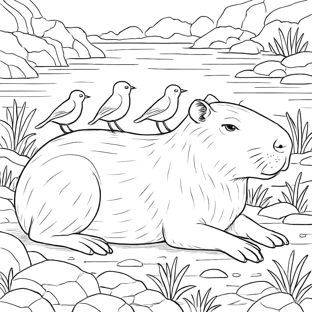 Capybara Coloring Pages - Capybara with Birds on Its Back