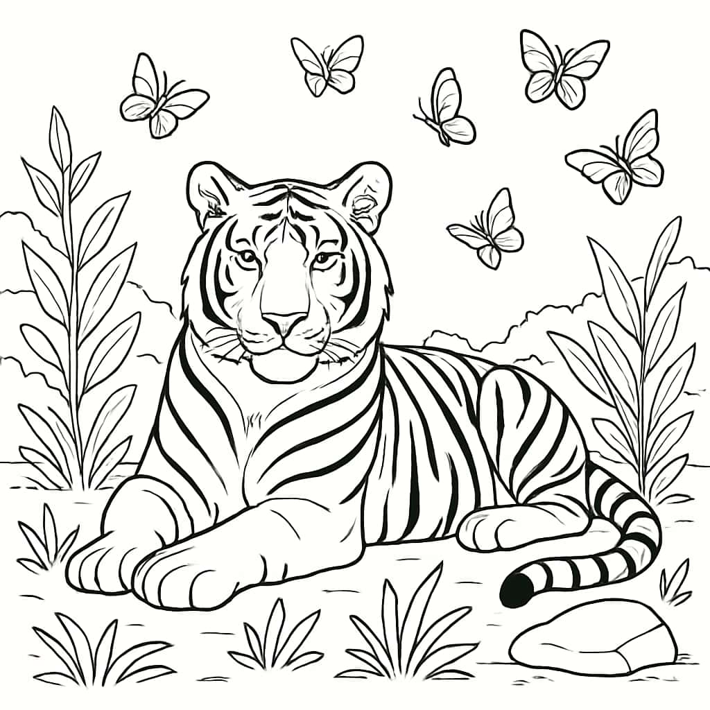 Páginas para colorear de tigres: Tigre y mariposas