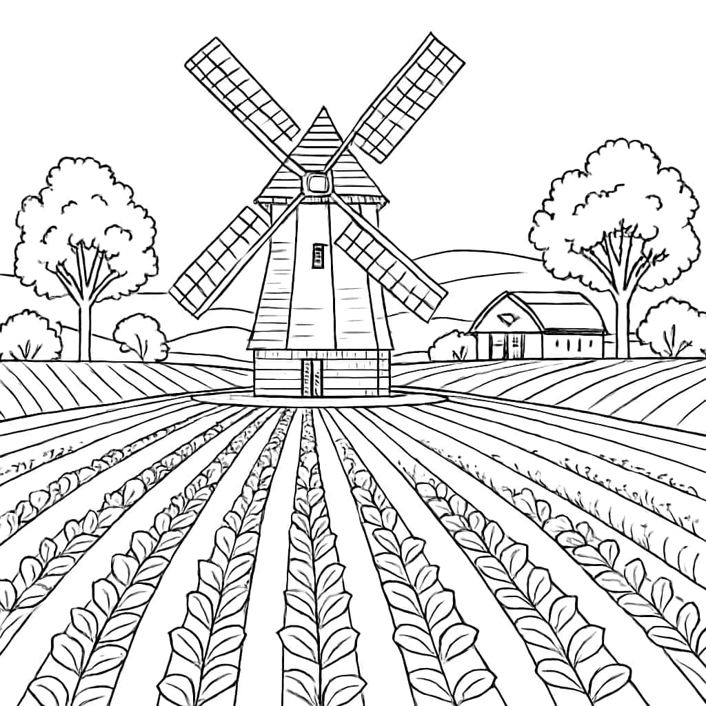 Farm Coloring Pages - Windmill and Fields
