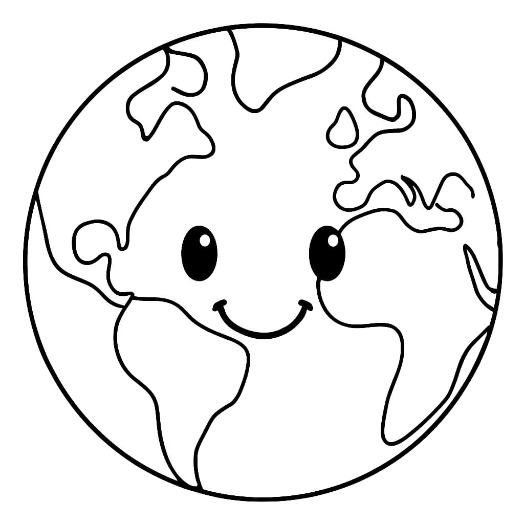 Earth Day 涂色頁:笑臉地球簡易線稿
