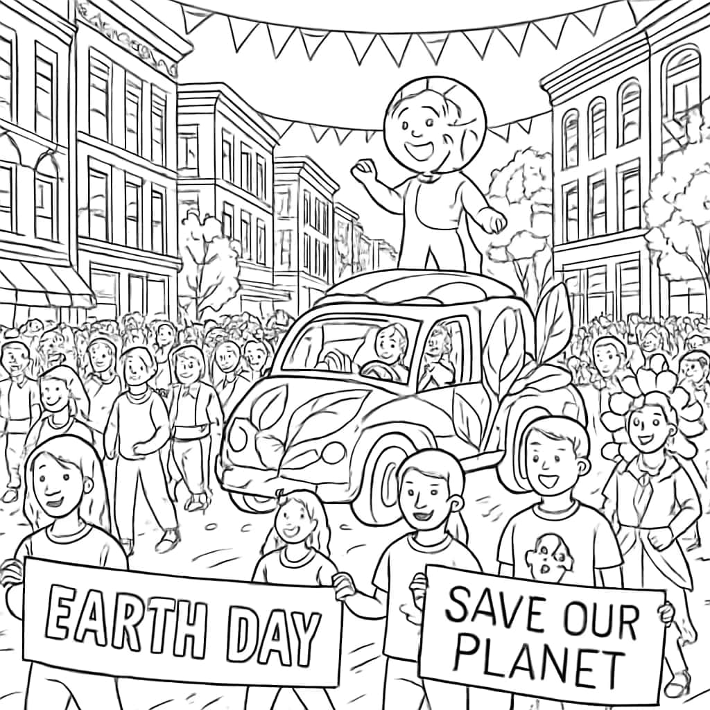 地球日涂色页:地球日遊行場景