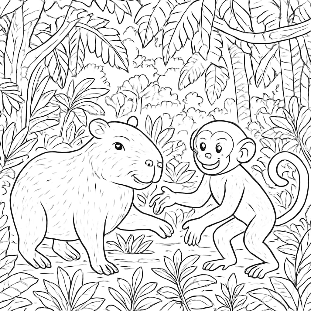Capybara Coloring Pages – Capybara and Monkey Friends Coloring Page