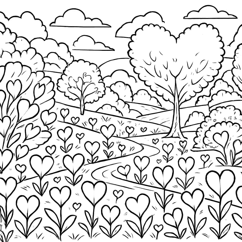Heart Coloring Pages - Heart Garden Landscape Coloring Page for Adults