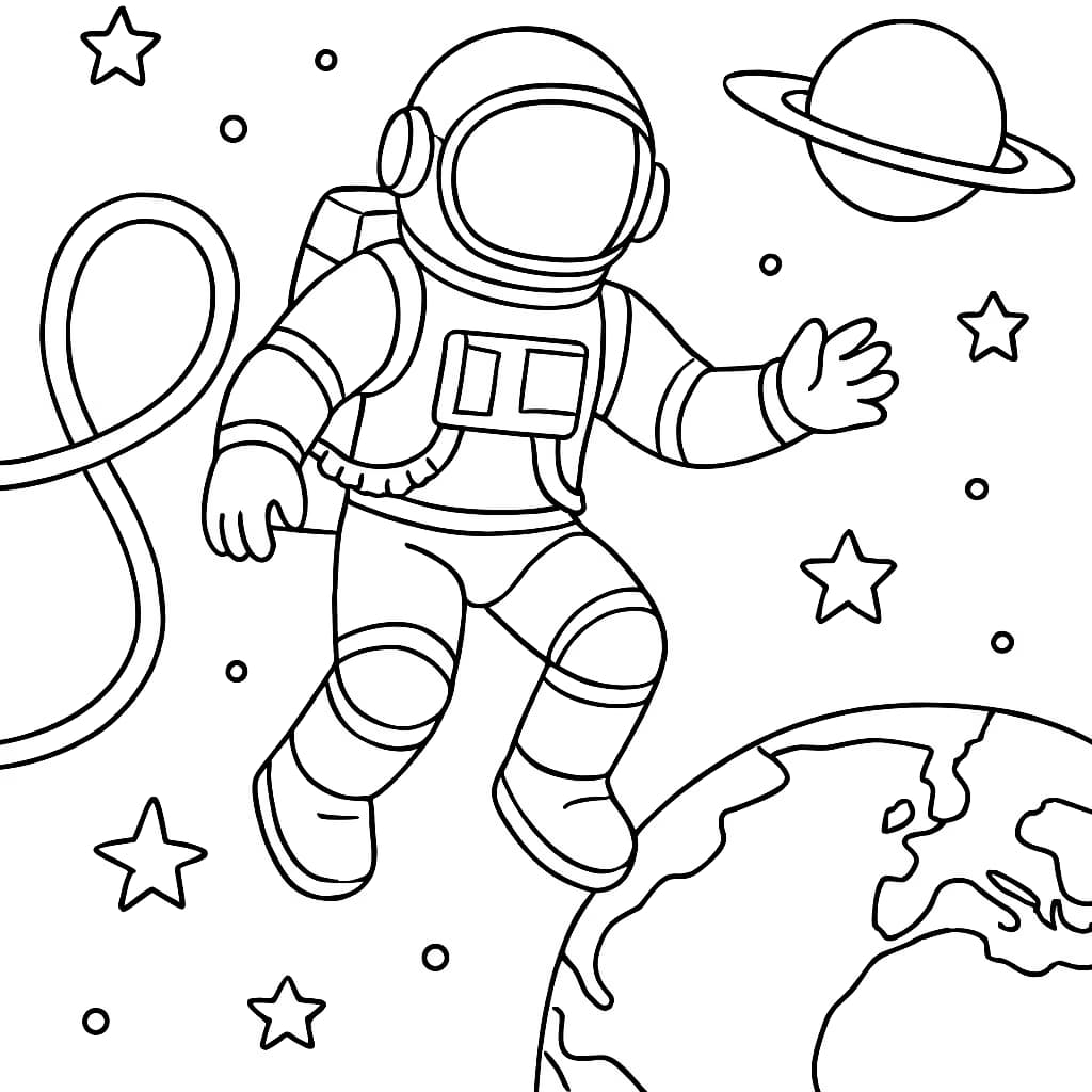 太陽系ぬりえページ|宇宙を漂う宇宙飛行士ぬりえ