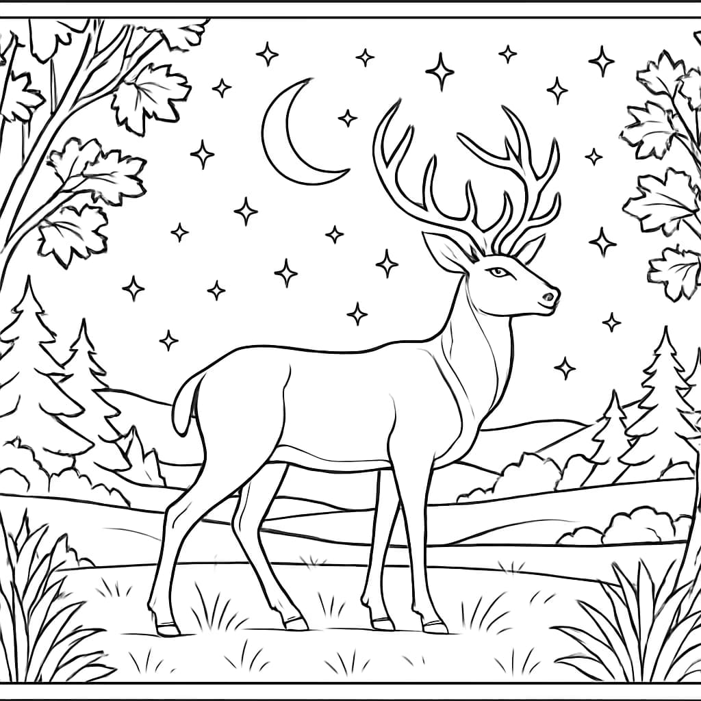 Deer Coloring Pages – Deer Under Night Sky