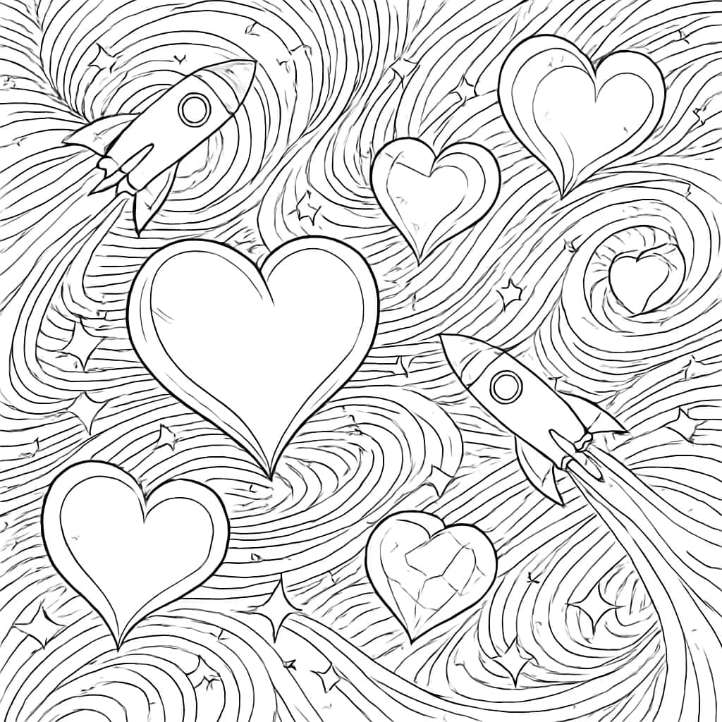 Heart Coloring Pages - Hearts in Space Printable for Adults