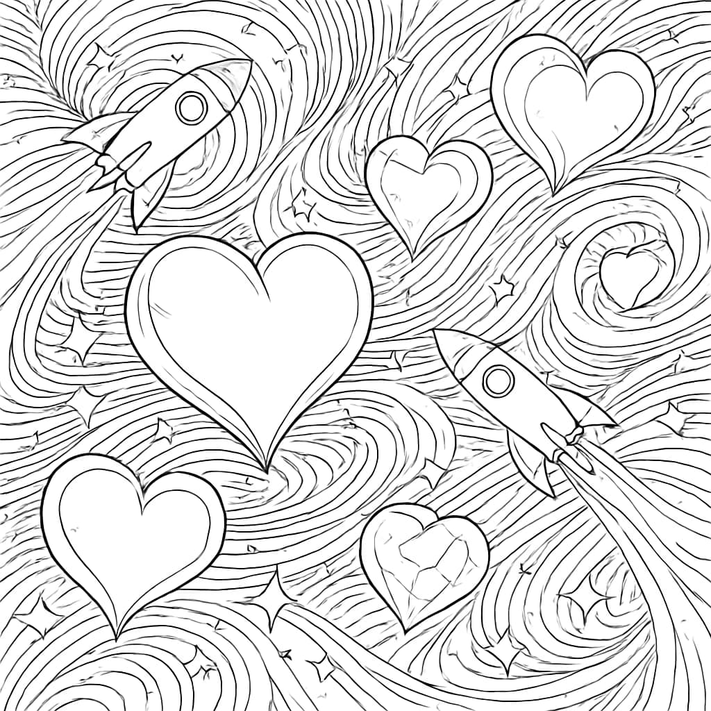 Heart Coloring Pages – Hearts in Space Printable for Adults