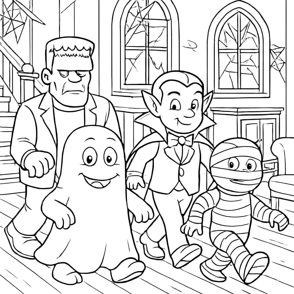 Monster Coloring Pages - Monsters in Haunted House