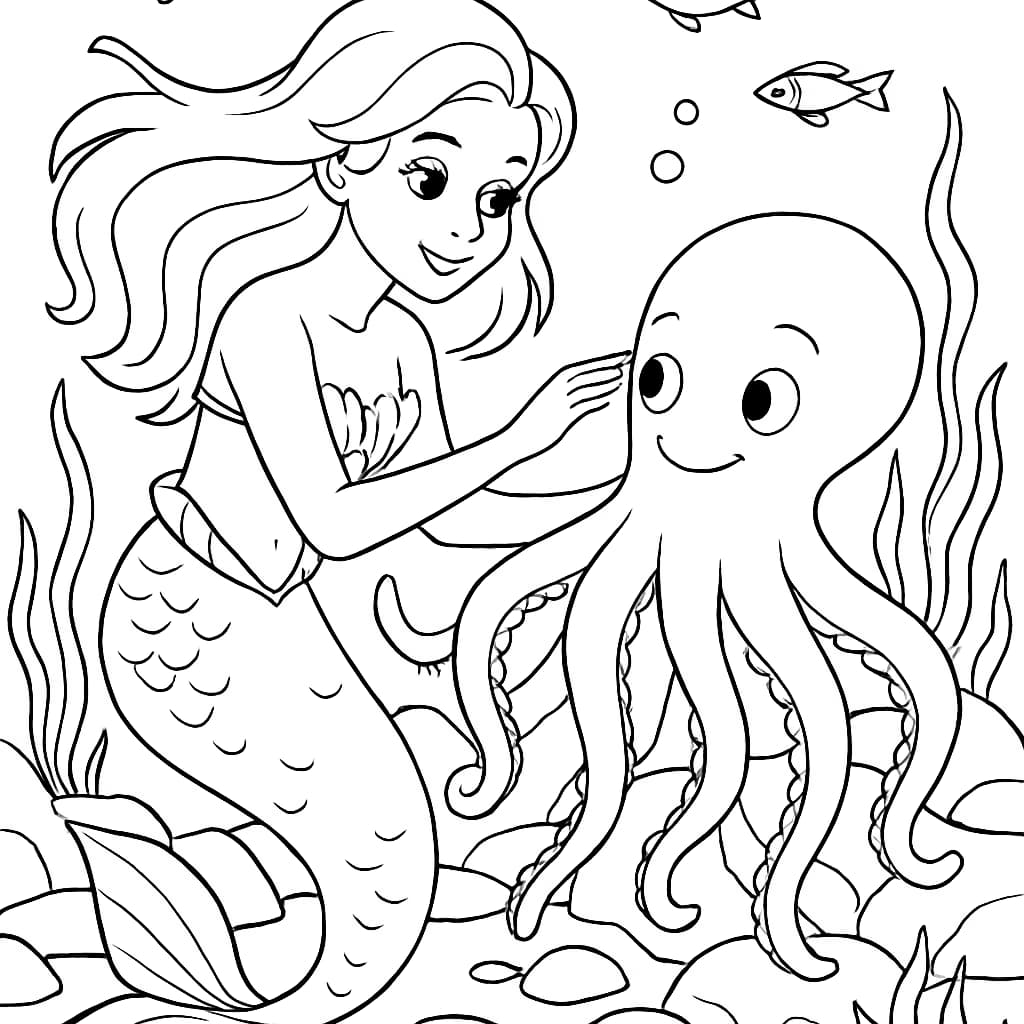 美人魚涂色頁:美人魚與章魚的友誼