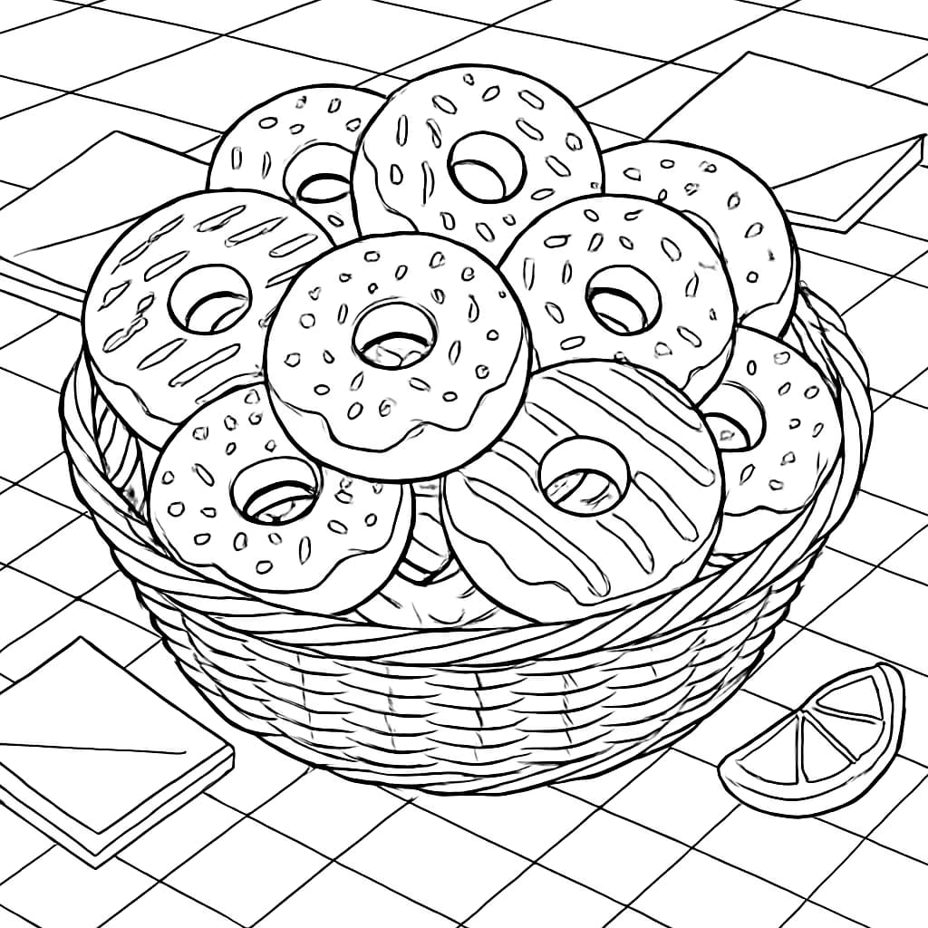 甜甜圈涂色页 - 甜甜圈篮子复杂线稿