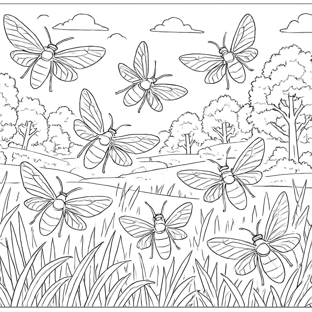 Bug Coloring Pages - Fireflies in Night Scene for Adults
