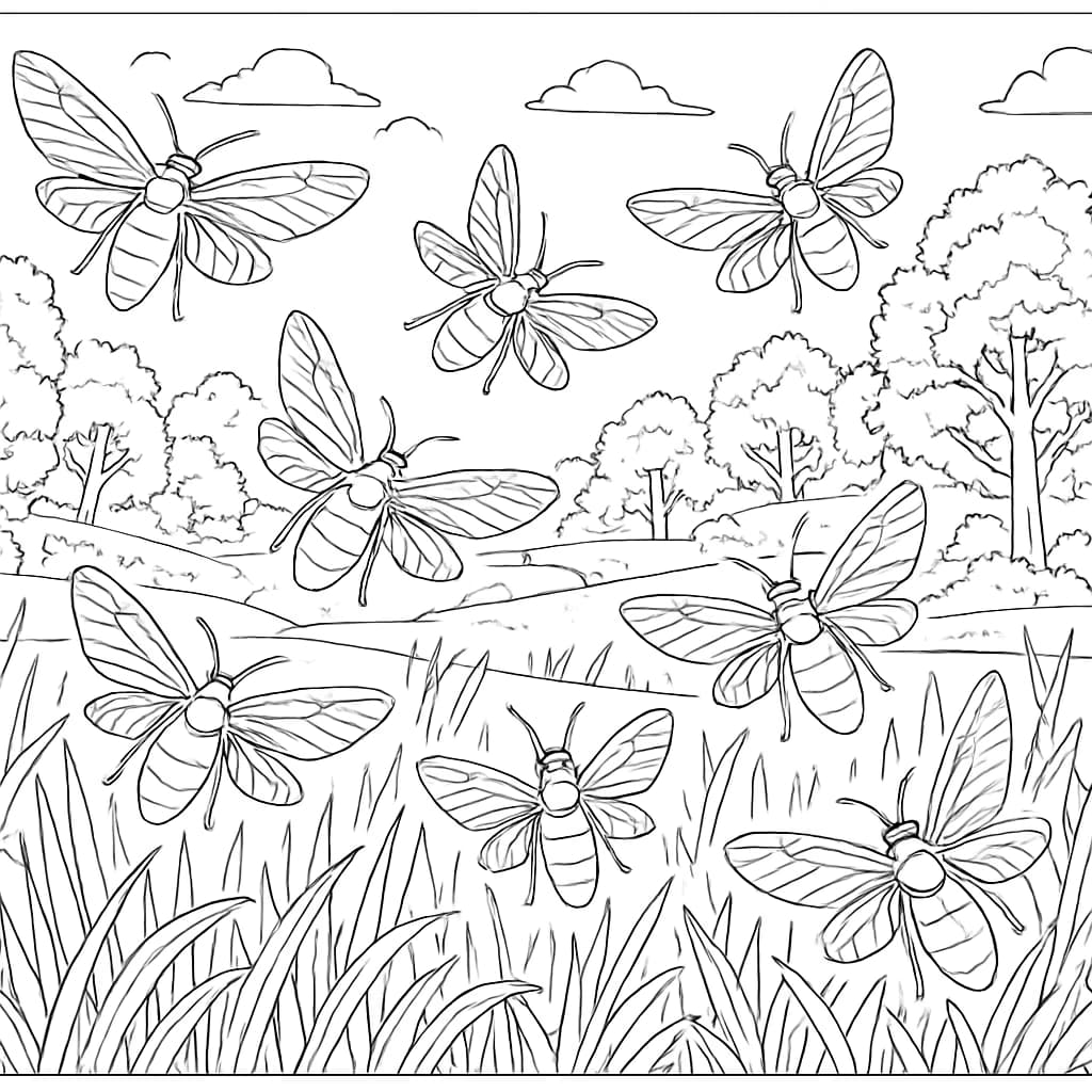 Bug Coloring Pages – Fireflies in Night Scene for Adults