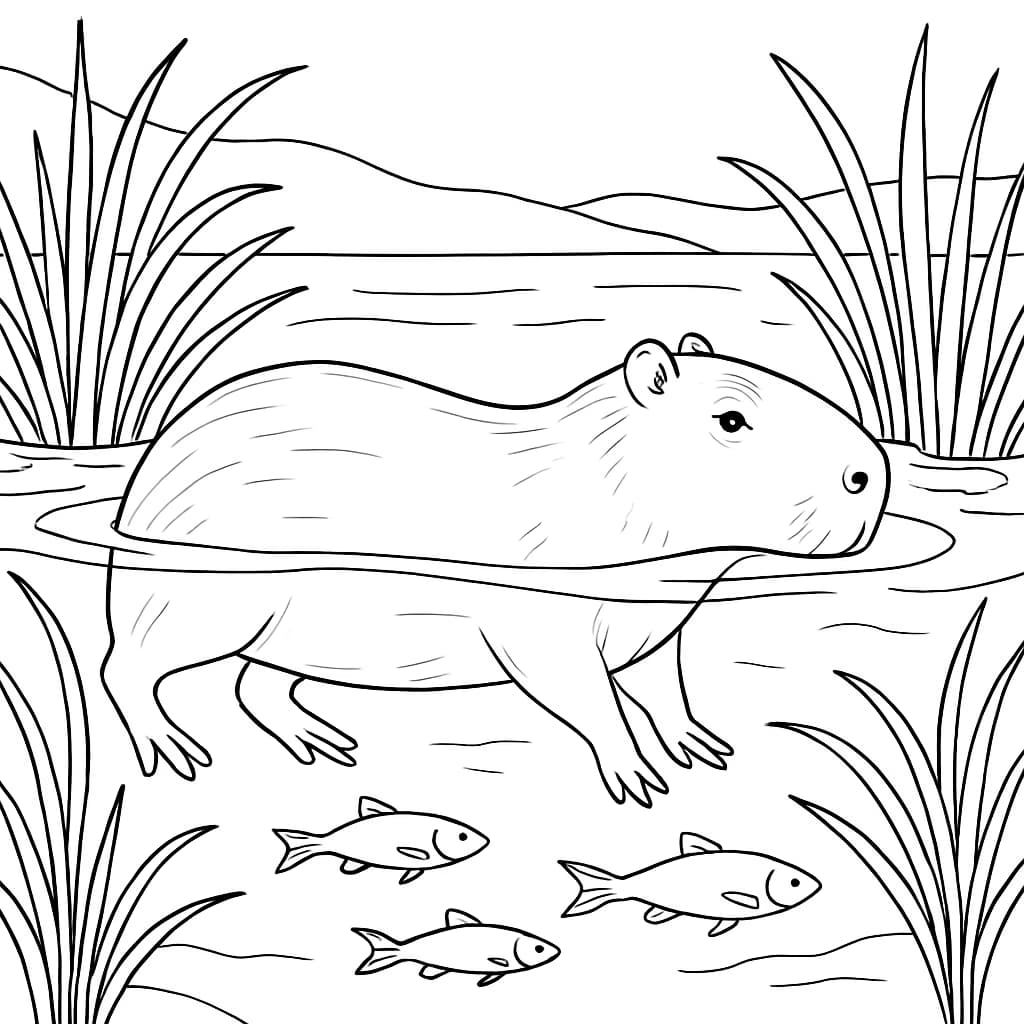Capybara Coloring Pages – Capybara Swimming Scene for Teens