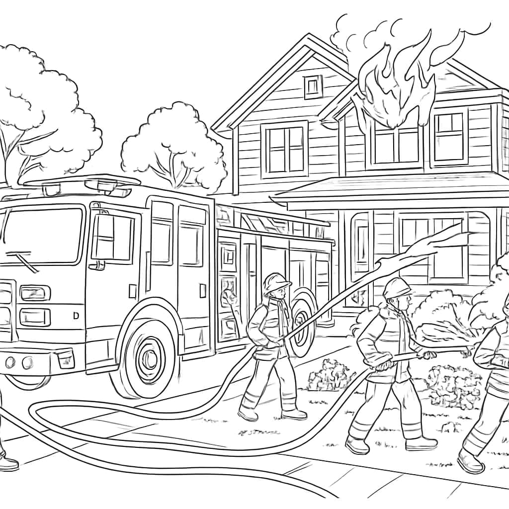 消防車ぬりえページ|消防士の活躍シーン