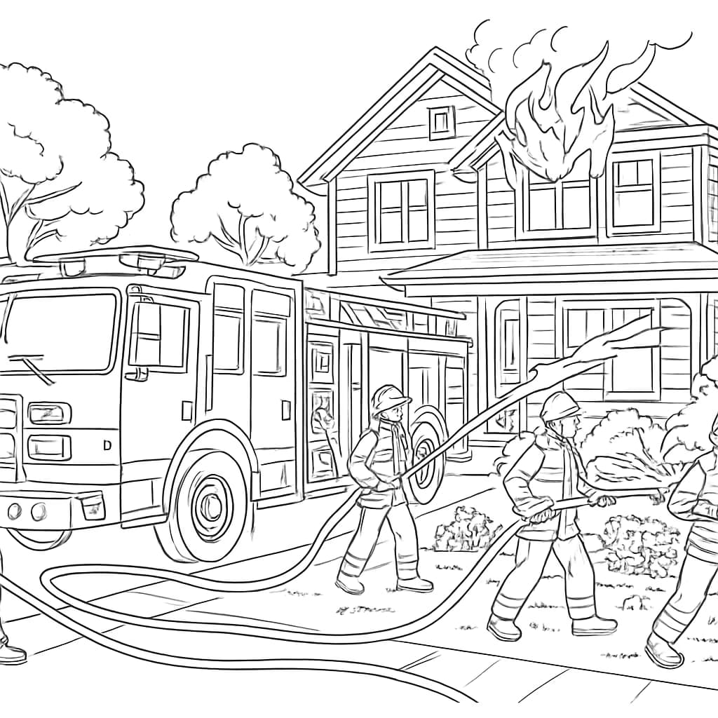 消防車ぬりえページ|消防士の活躍シーン