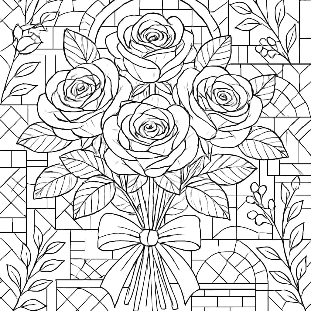 花卉涂色页:精致玫瑰花束