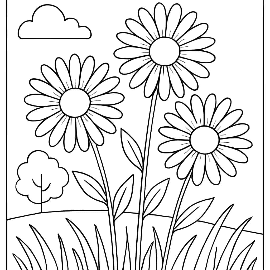 花卉涂色页:基础雏菊田