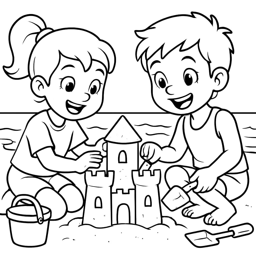 夏日涂色页:小朋友堆沙堡