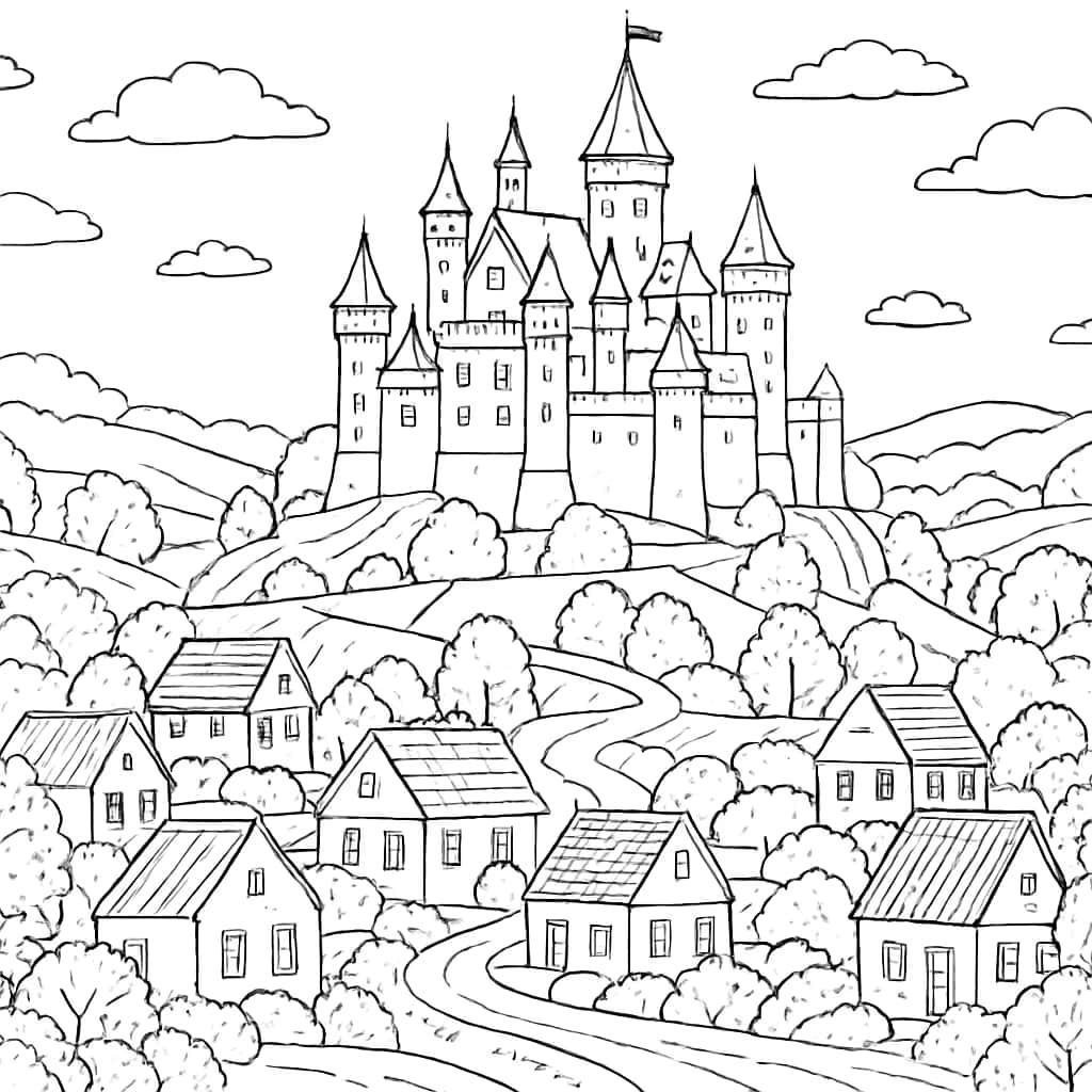 House Coloring Pages - Castle on Hill Printable for Kids
