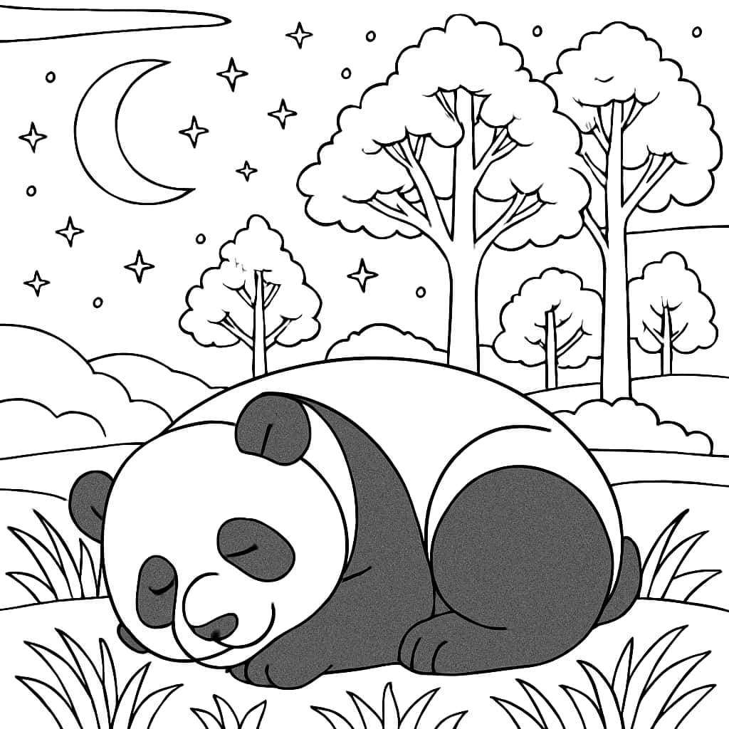 Panda Coloring Pages - Sleepy Panda Under Stars