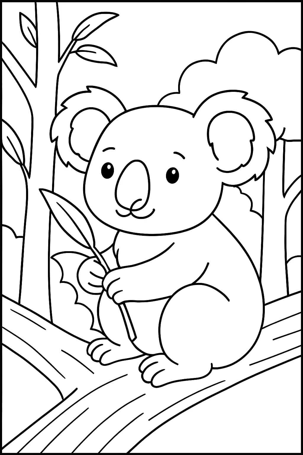 Koala Coloring Pages – Koala with Eucalyptus Leaf