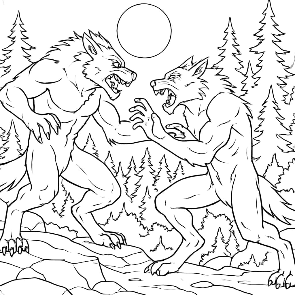Werewolf Coloring Pages – Moonlit Werewolf Battle Printable for Teens