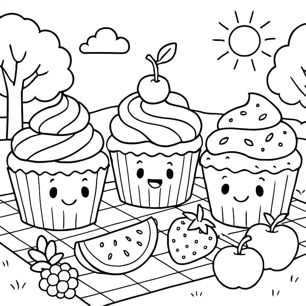 杯子蛋糕涂色页:野餐好朋友