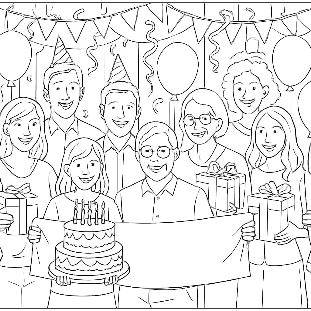 Página para colorear de feliz cumpleaños: multitud de celebración