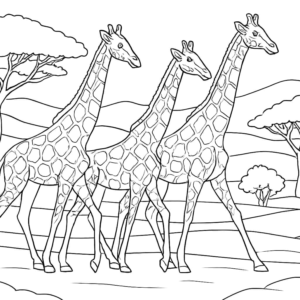 Páginas para colorear de jirafas: grupo salvaje