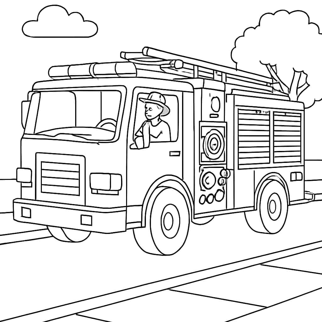 消防車ぬりえページ|消防士運転の消防車