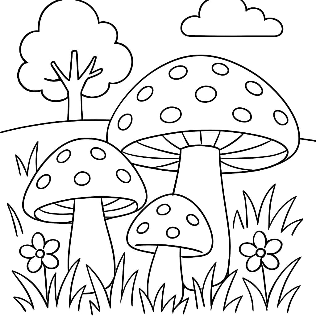 Pages de coloriage de champignons – Champignons dans la prairie